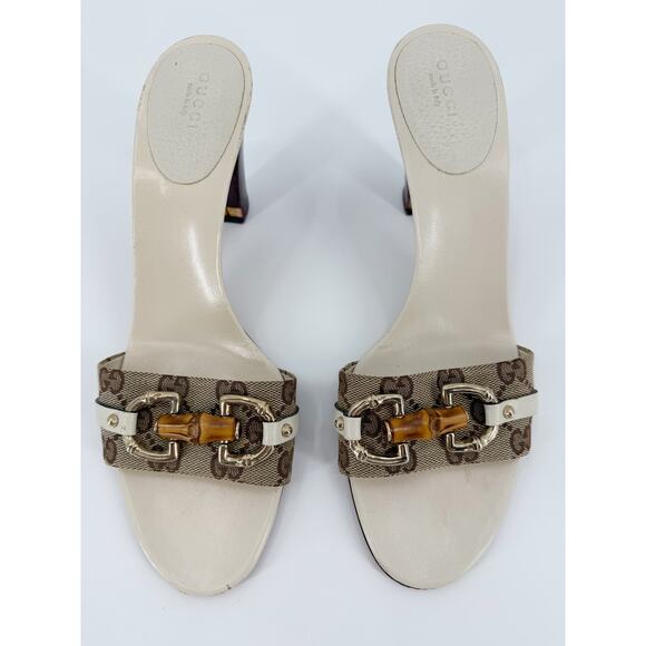 Gucci Shoes - Gucci Tom Ford Monogram Horsebit Bamboo Heel Sandals Mule Slides White 39.5 9.5